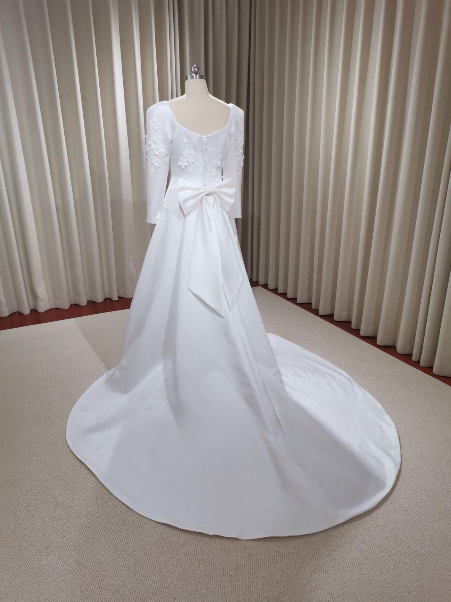 Custom Long Sleeve Satin Ivory A-line Wedding Bridal Dress with handmade Flowers, Elegant Prom Party Gown Fairy Boho Princess Classic