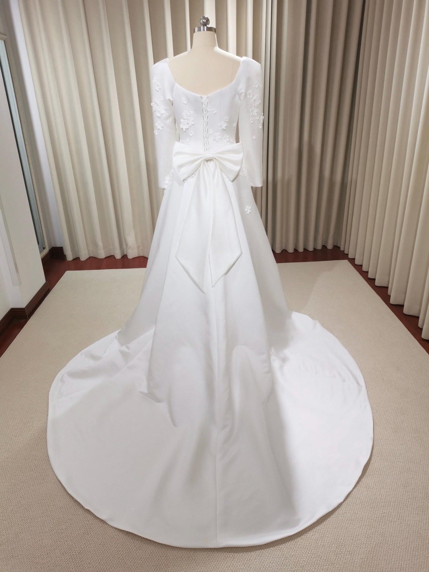 Custom Long Sleeve Satin Ivory A-line Wedding Bridal Dress with handmade Flowers, Elegant Prom Party Gown Fairy Boho Princess Classic