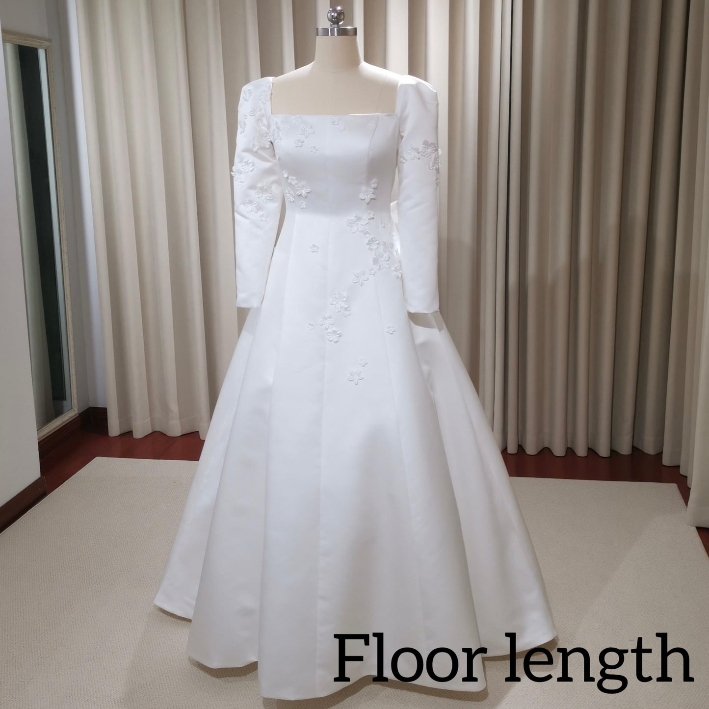 Custom Long Sleeve Satin Ivory A-line Wedding Bridal Dress with handmade Flowers, Elegant Prom Party Gown Fairy Boho Princess Classic