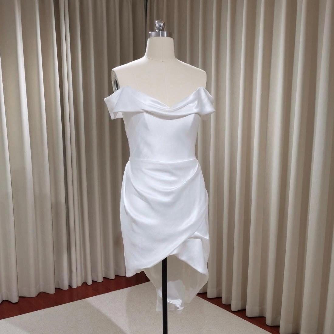 Minimalist short wedding dress, White satin dress, Rehearsal dinner dress, Elopement Dress, Bridal shower dress, Engagement dress