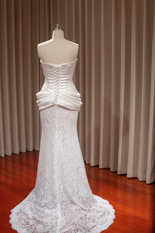 Drop Waist Satin Lace Mermaid Wedding Dress w 3D Flowers, Custom Floral Unique Courthouse Civil Wedding Reception Elopement Gown