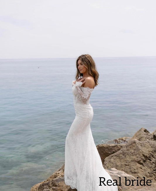 Sample dress, Long Sleeve Off Shoulder Lace Wedding Dress, Mermaid Bridal Gown, Custom Fairy & Romantic Dress