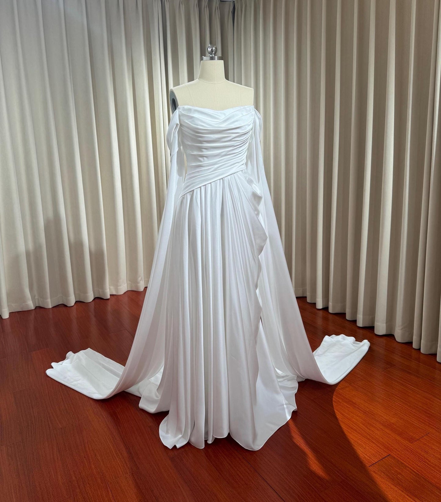 Minimalist Off Shoulder Satin Corset Wedding Bridal Dress, Custom Drop Waist Simple Elegant Gown, Courthouse Civil Reception Elopement Dres