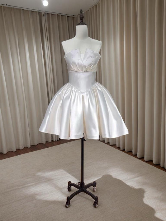 Minimalist satin short wedding dress with beaded pearls, Custom Courthouse Civil Elopement Reception Dress, Bridal shower Engagement dress