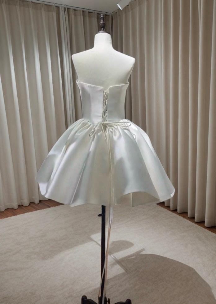Minimalist satin short wedding dress with beaded pearls, Custom Courthouse Civil Elopement Reception Dress, Bridal shower Engagement dress