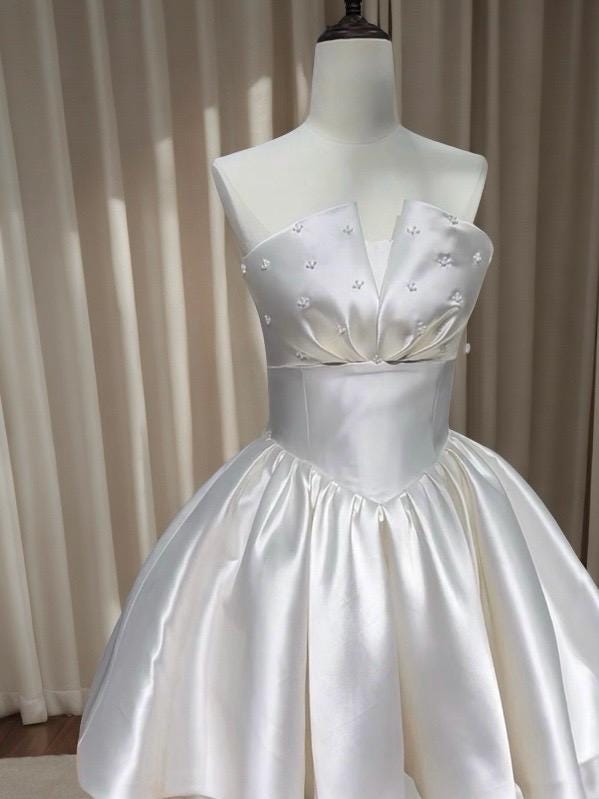 Minimalist satin short wedding dress with beaded pearls, Custom Courthouse Civil Elopement Reception Dress, Bridal shower Engagement dress