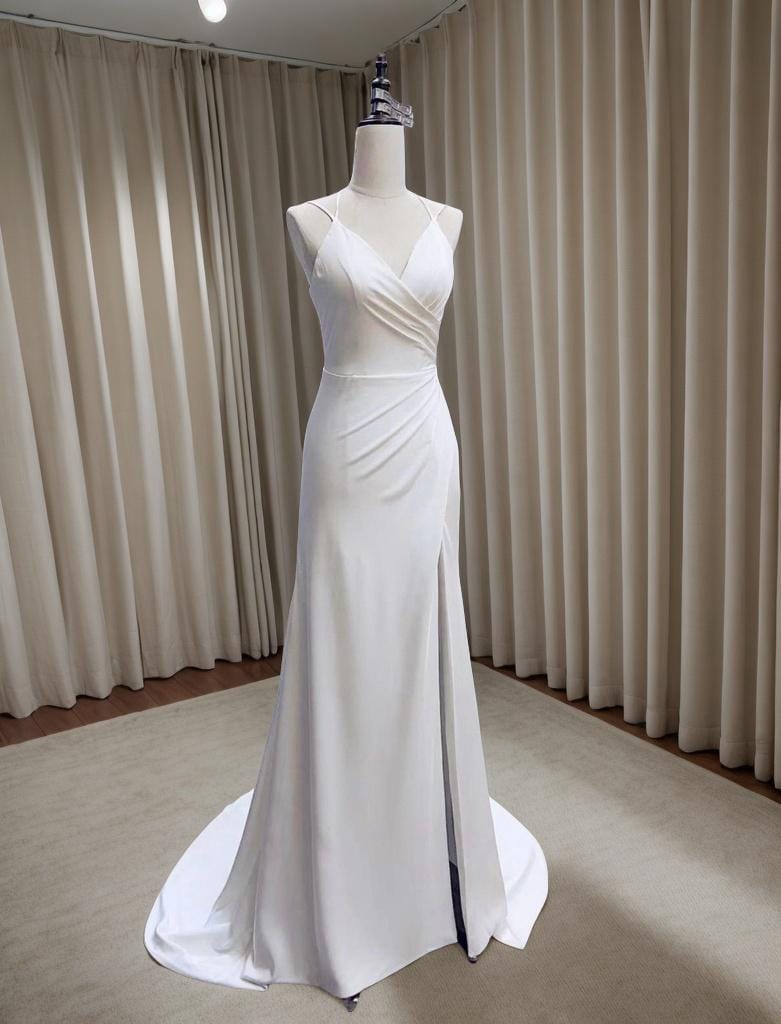 Minimalist satin courthouse wedding bridal dress with slit, second wed – Shindig Threads Minimalist satin courthouse wedding bridal dress with slit, second wed – Shindig Threads