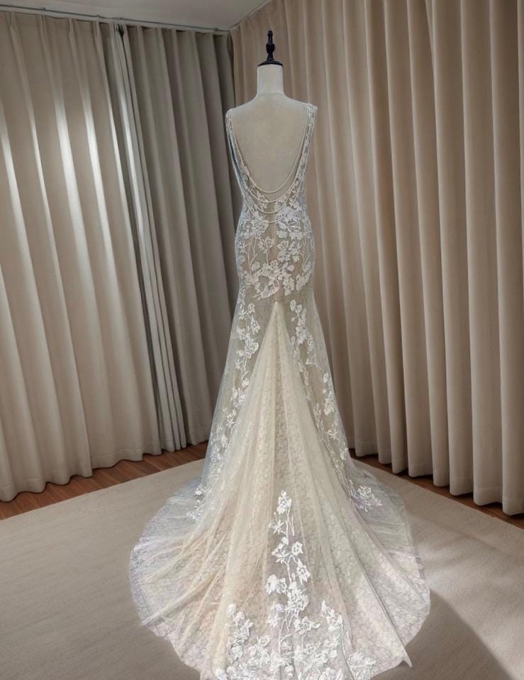 Deep V Lace Mermaid Wedding Bridal Dress, Sexy Luxury Prom Gown, Courthouse Civil Wedding Reception Elopement Dress, Fairy Boho Romantic