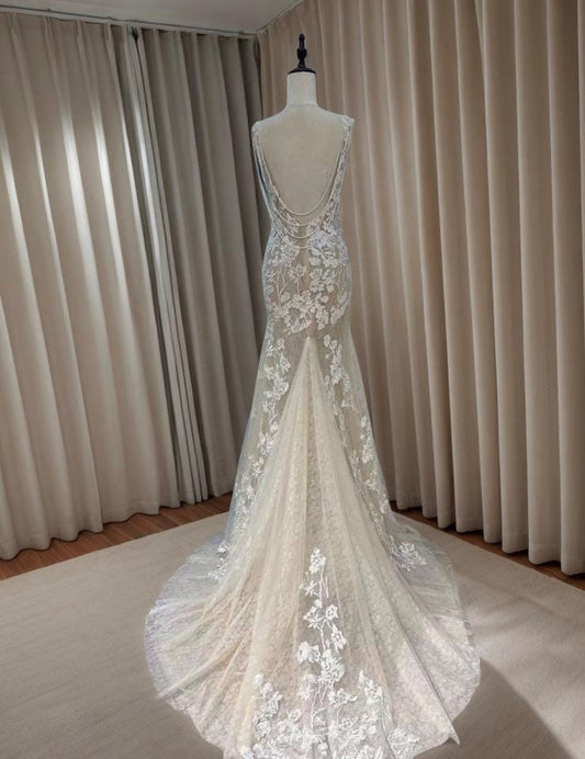 Deep V Lace Mermaid Wedding Bridal Dress, Sexy Luxury Prom Gown, Courthouse Civil Wedding Reception Elopement Dress, Fairy Boho Romantic