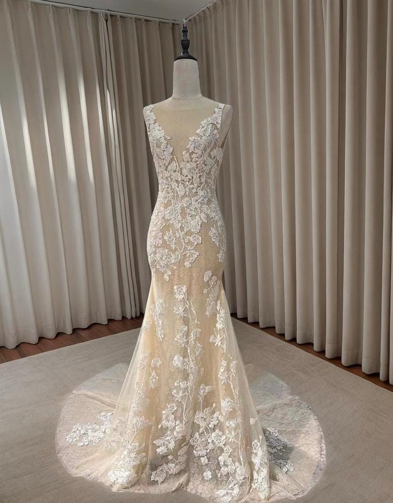 Deep V Neck Lace Mermaid Wedding Bridal Dress with Open Back, Luxury C Shindig Threads Deep V Neck Lace Mermaid Wedding Bridal Dress with Open Back, Luxury C Shindig Threads