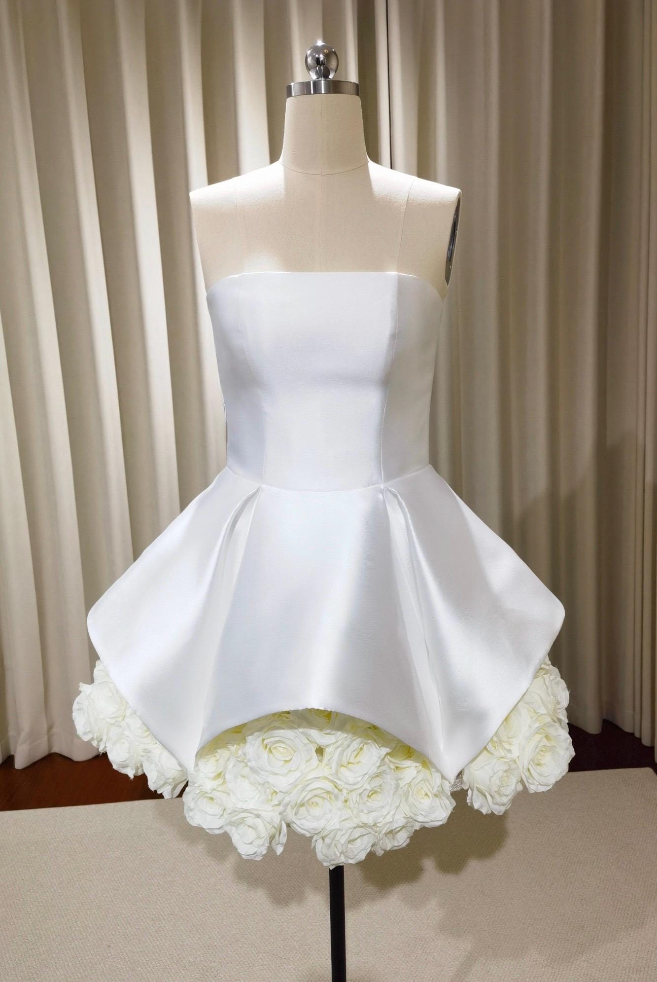 Minimalist satin corset short wedding reception dress with 3D flower, Courthouse civil elopement wedding dress, Bridal shower engagement