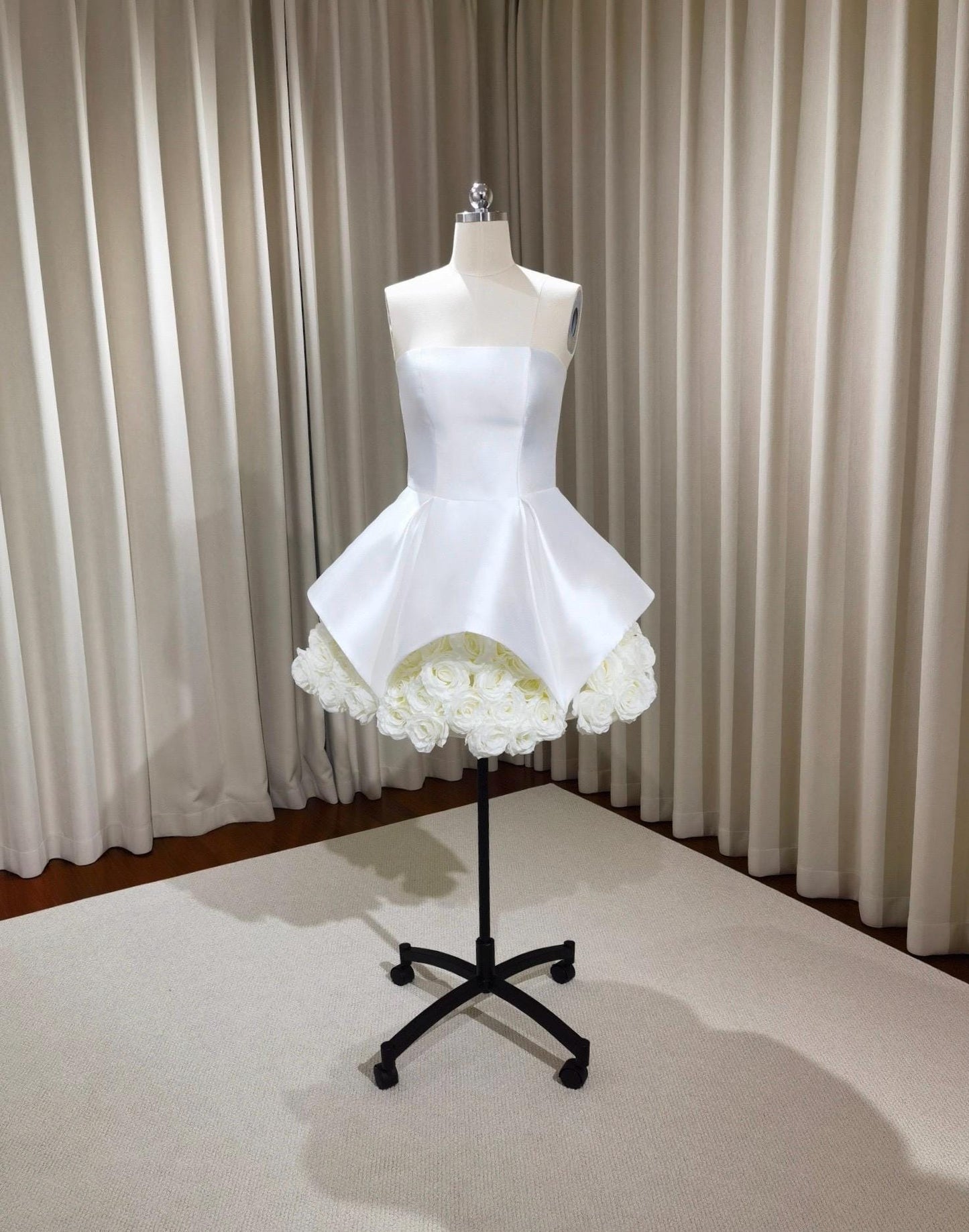 Minimalist satin corset short wedding reception dress with 3D flower, Courthouse civil elopement wedding dress, Bridal shower engagement