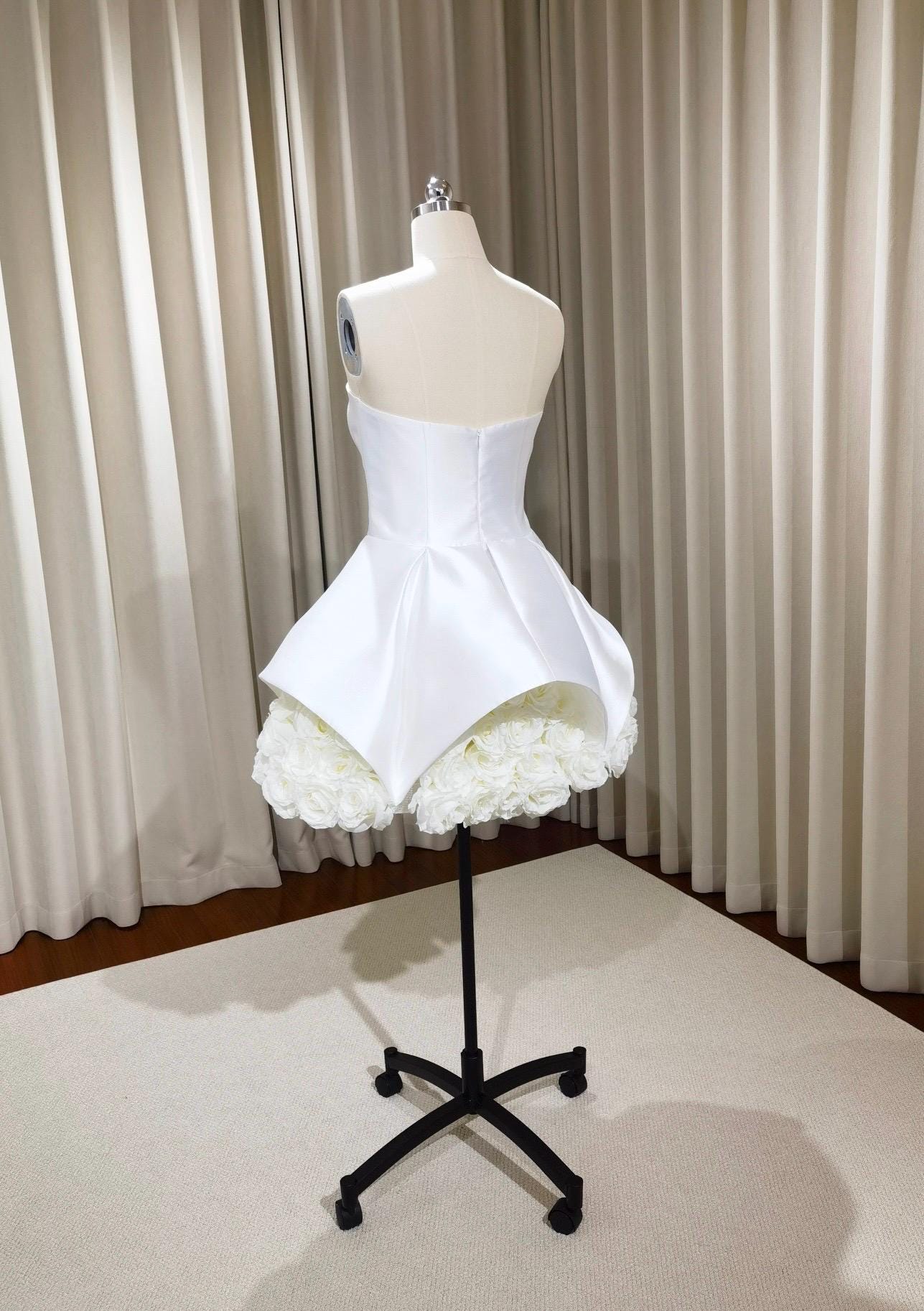 Minimalist satin corset short wedding reception dress with 3D flower, Courthouse civil elopement wedding dress, Bridal shower engagement