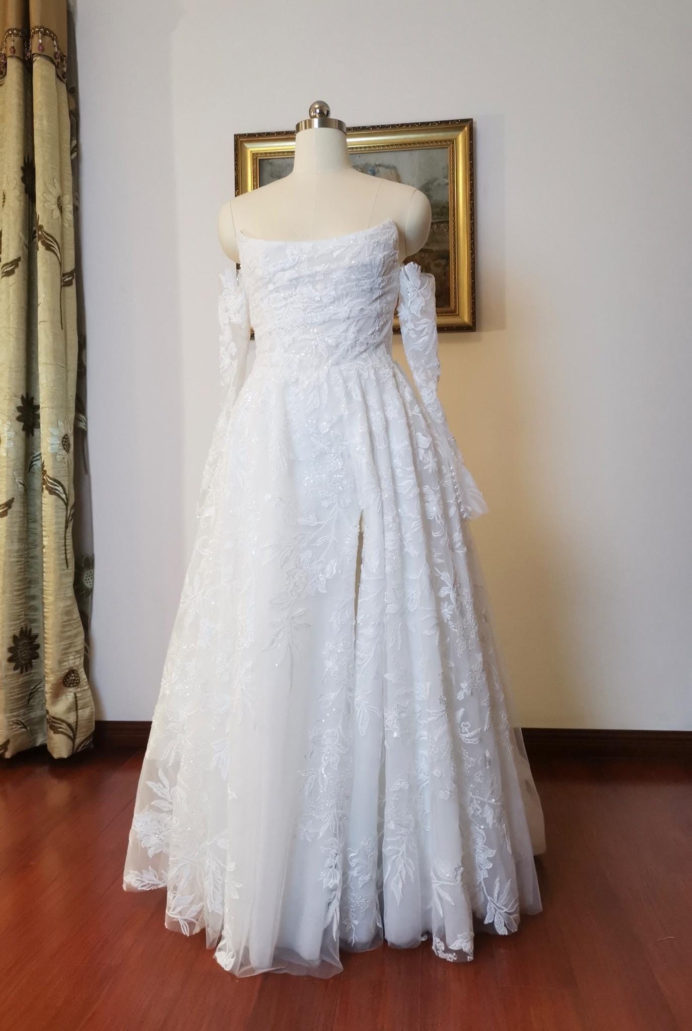 Long Sleeve Fairy Floral Corset Slit Wedding Dress, Custom Simple Roma Shindig Threads Long Sleeve Fairy Floral Corset Slit Wedding Dress, Custom Simple Roma Shindig Threads