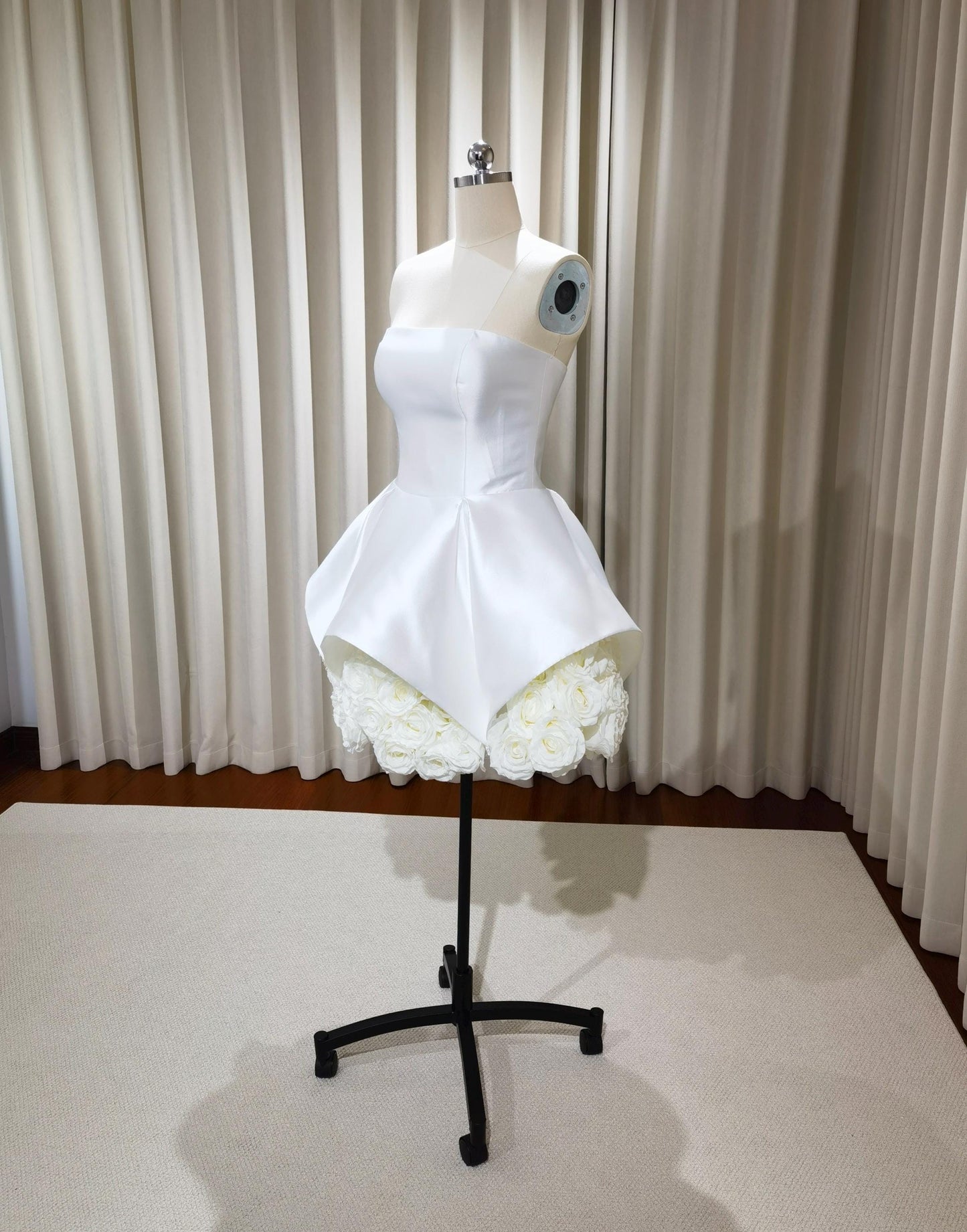 Minimalist satin corset short wedding reception dress with 3D flower, Courthouse civil elopement wedding dress, Bridal shower engagement