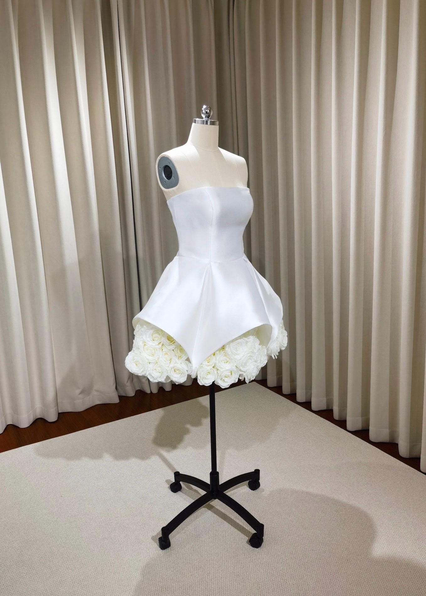 Minimalist satin corset short wedding reception dress with 3D flower, Courthouse civil elopement wedding dress, Bridal shower engagement