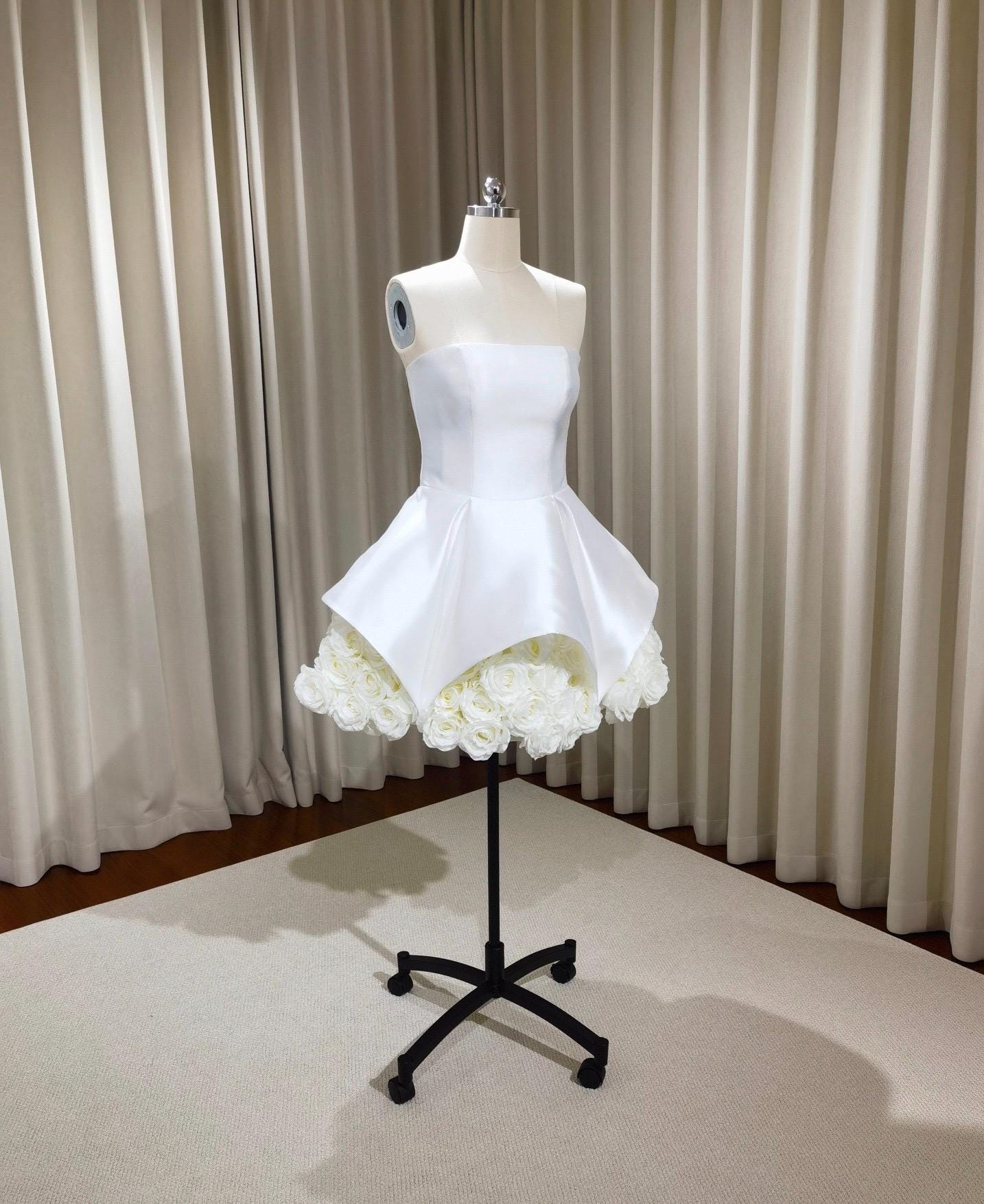 Minimalist satin corset short wedding reception dress with 3D flower, Courthouse civil elopement wedding dress, Bridal shower engagement