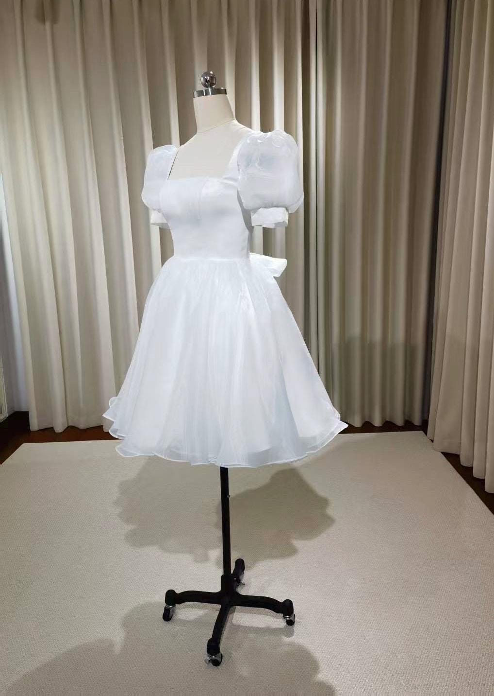 Fairy Short Sleeve Mini Wedding Reception Dress, Custom Courthouse Civil Elopement Dress, Rehearsal Dinner Bridal Shower Engagement Gown
