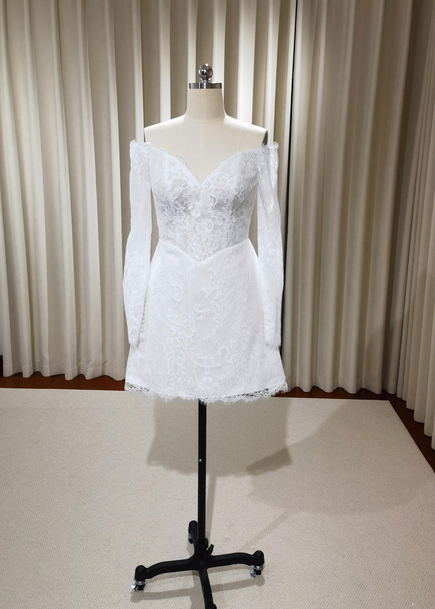 Long sleeve off shoulder basque waist lace short wedding dress, Rehearsal dinner mini dress, Custom Elopement Bridal shower Engagement dress