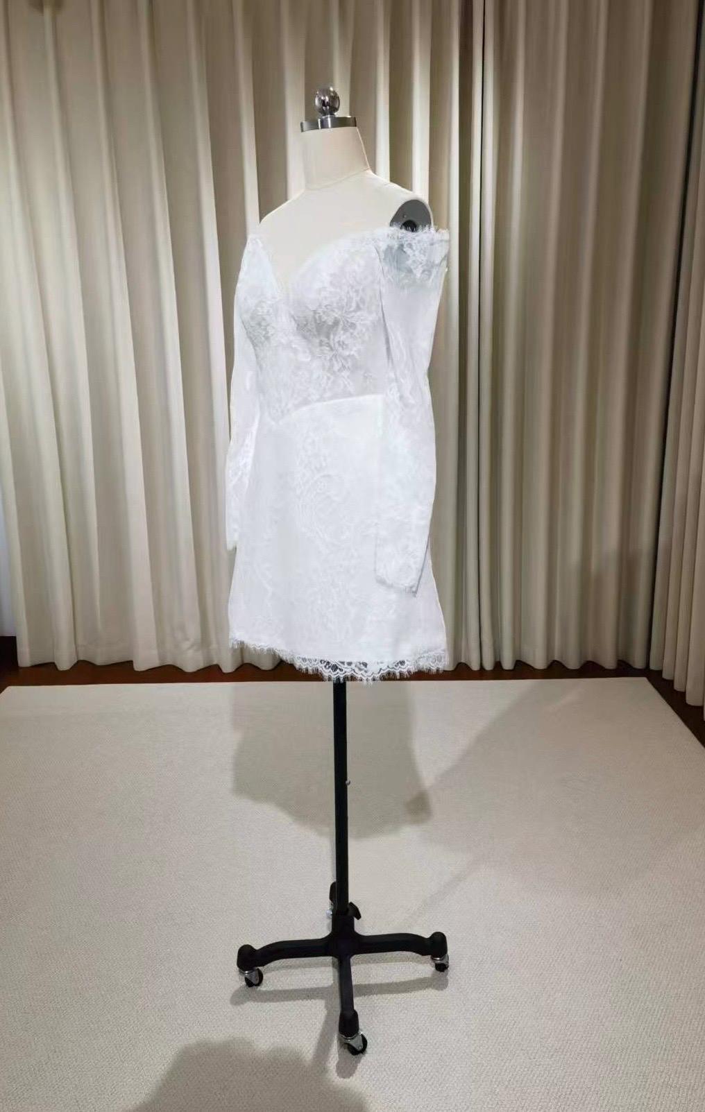 Long sleeve off shoulder basque waist lace short wedding dress, Rehearsal dinner mini dress, Custom Elopement Bridal shower Engagement dress