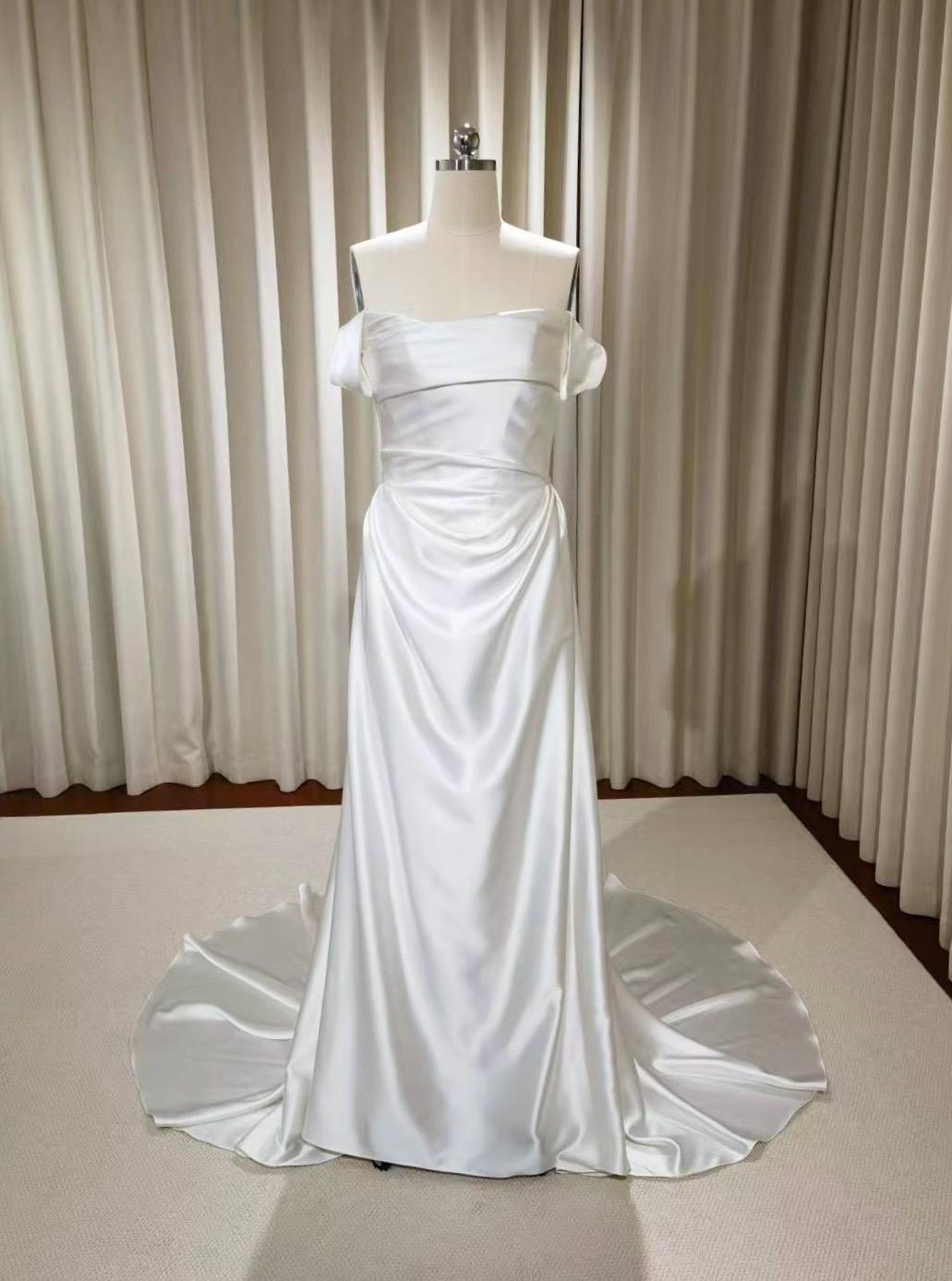 Minimalist Off Shoulder Satin Corset Wedding Dress w Cape, Custom Simple Elegant Bridal Gown Classic French Style, Courthouse Civil Wedding