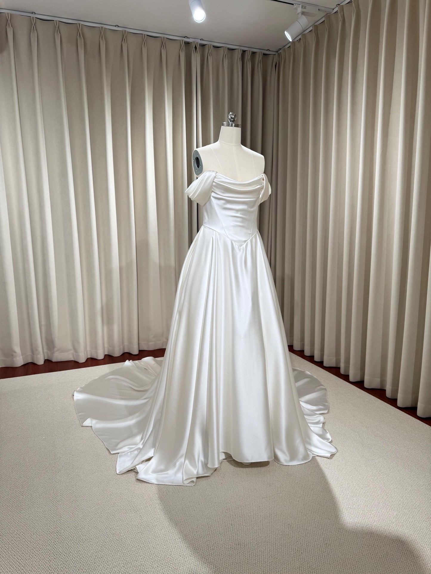 Minimalist Off Shoulder Satin Corset Basque Waist Wedding Dress, Custom Simple Elegant Bridal Gown Classic Style, Courthouse Civil Wedding