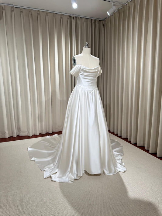 Minimalist Off Shoulder Satin Corset Basque Waist Wedding Dress, Custom Simple Elegant Bridal Gown Classic Style, Courthouse Civil Wedding