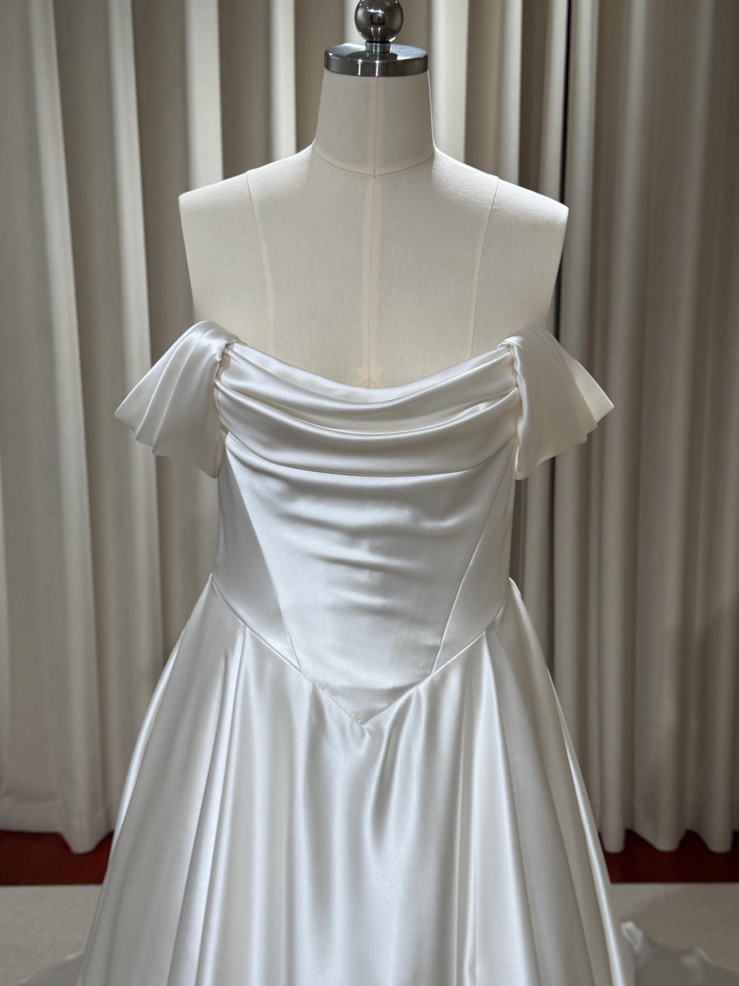 Minimalist Off Shoulder Satin Corset Basque Waist Wedding Dress, Custom Simple Elegant Bridal Gown Classic Style, Courthouse Civil Wedding