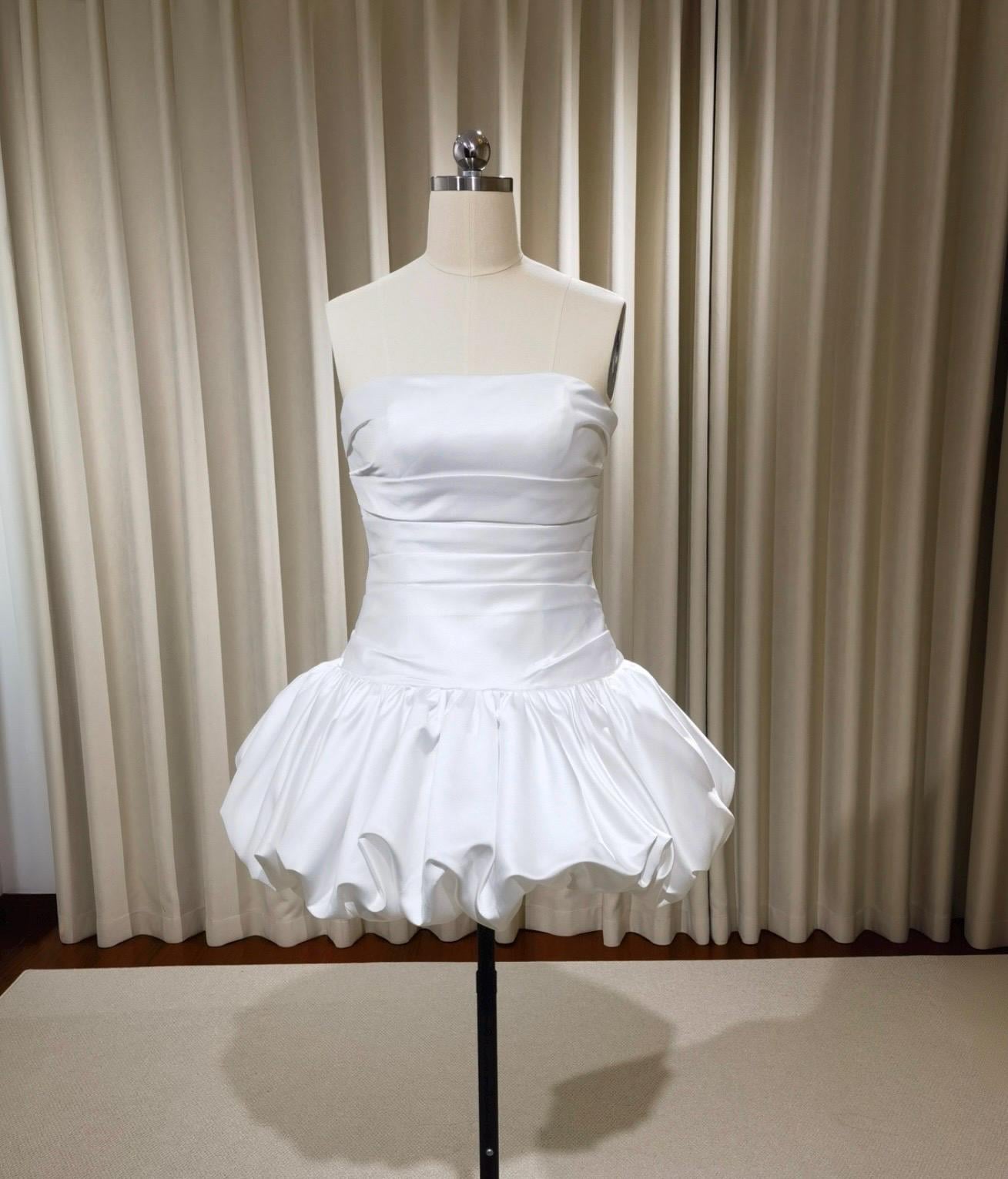 Emily | Minimalist drop waist satin short wedding dress, Rehearsal din Shindig Threads Emily | Minimalist drop waist satin short wedding dress, Rehearsal din Shindig Threads