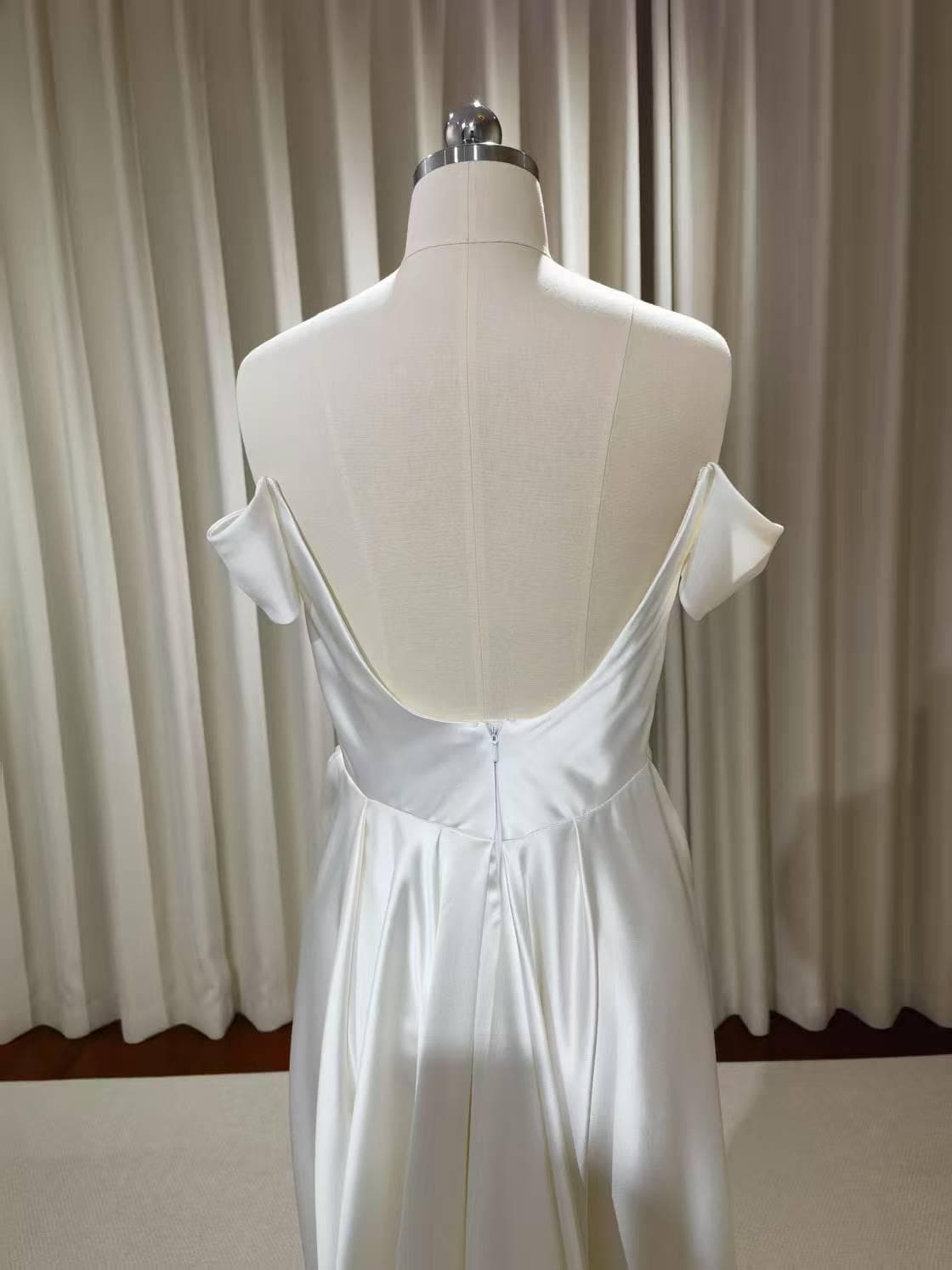 Minimalist Off Shoulder Satin Corset Wedding Bridal Dress, Custom Simple Modest Courthouse Civil Wedding Reception Elopement Gown