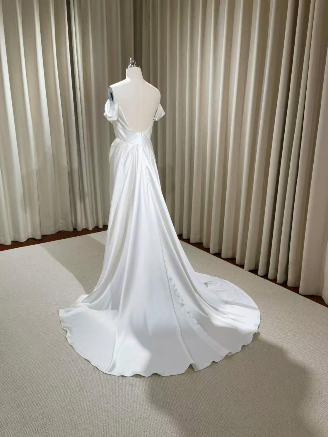 Minimalist Off Shoulder Satin Corset Wedding Bridal Dress, Custom Simple Modest Courthouse Civil Wedding Reception Elopement Gown