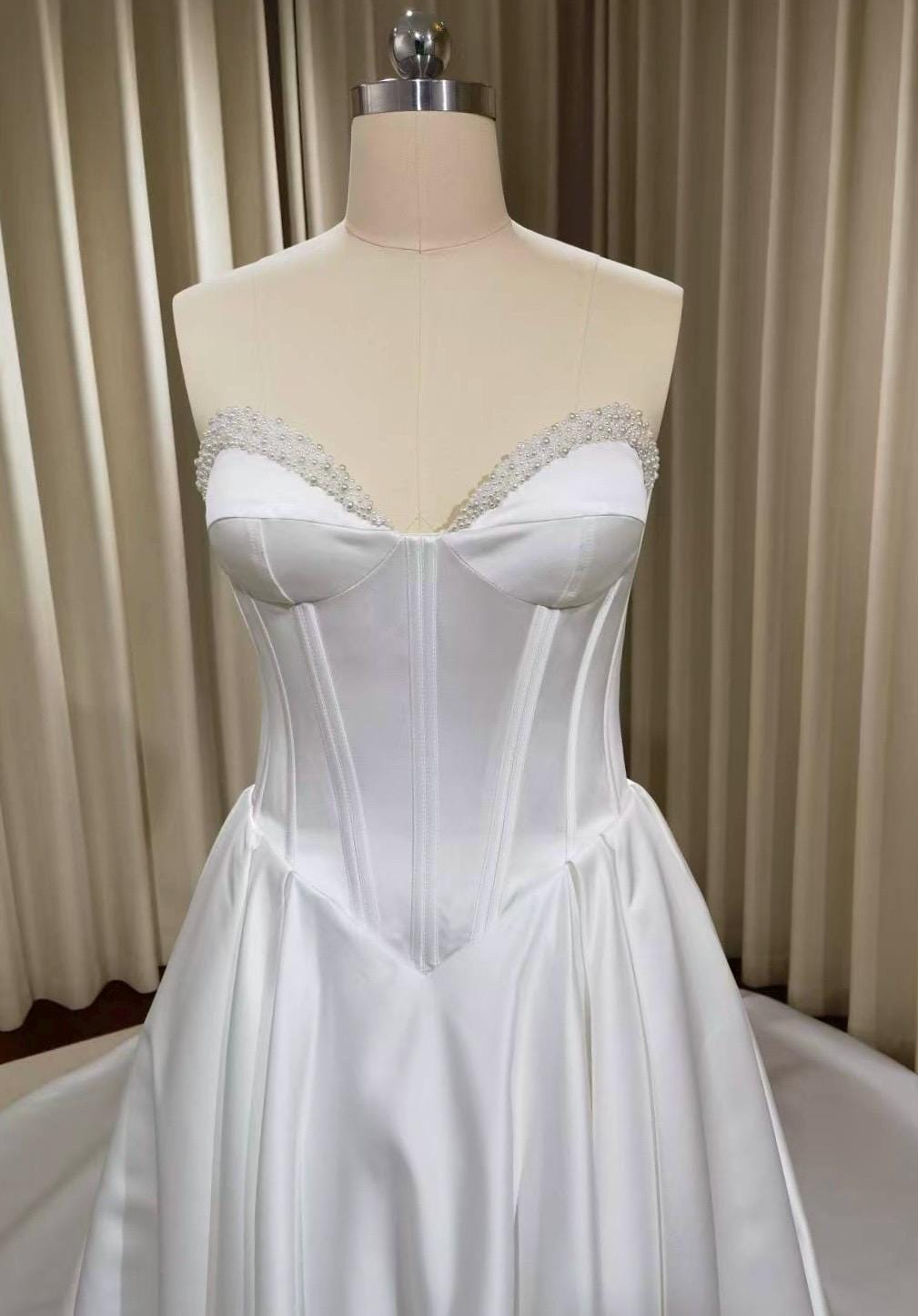 Minimalist drop waist satin corset wedding dress with pearls, custom simple & classic Ivory bridal ball gown