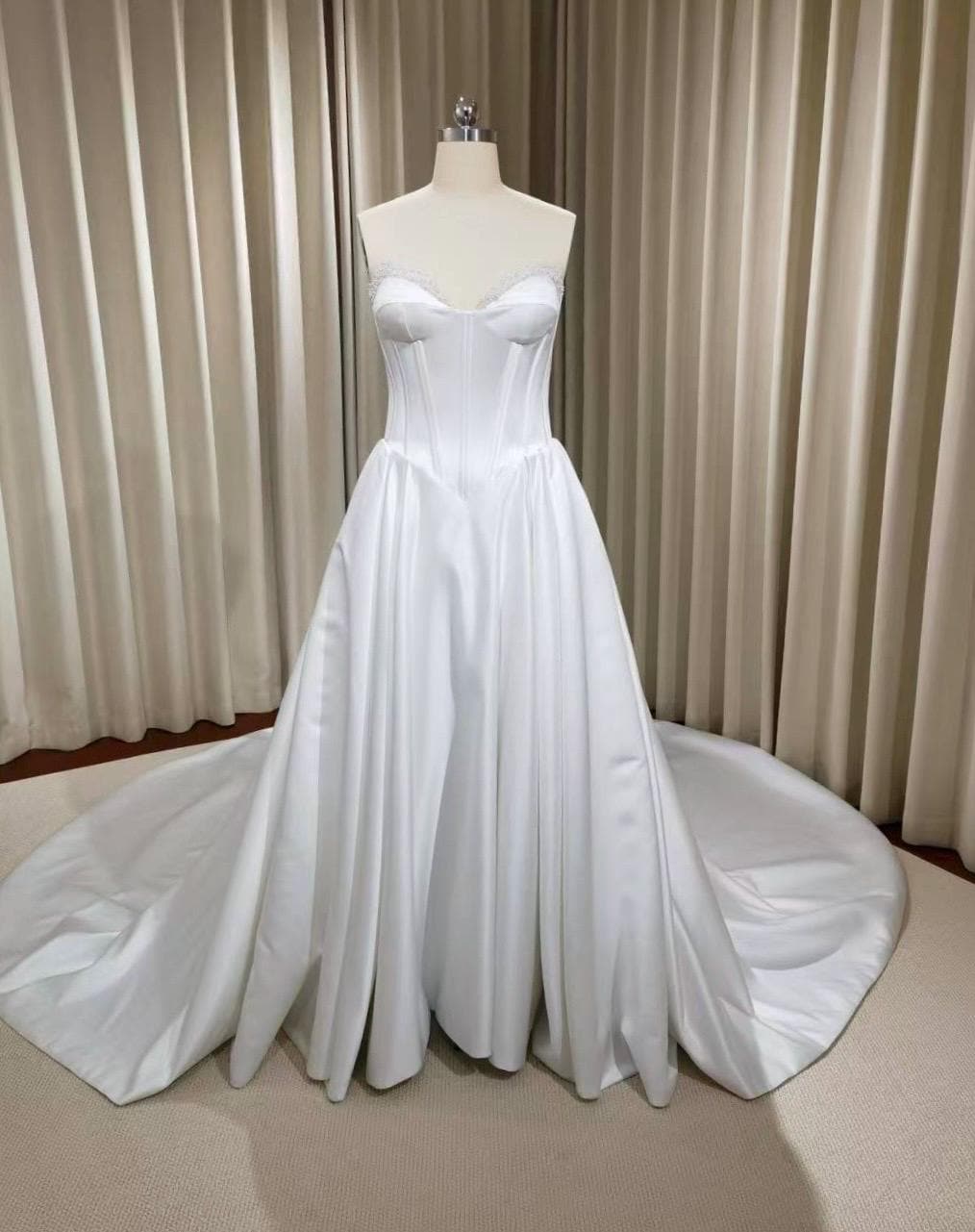 Minimalist drop waist satin corset wedding dress with pearls, custom s Shindig Threads Minimalist drop waist satin corset wedding dress with pearls, custom s Shindig Threads