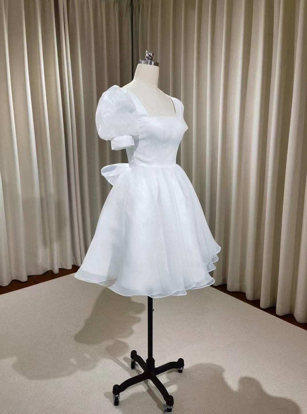 Fairy Short Sleeve Mini Wedding Reception Dress, Custom Courthouse Civil Elopement Dress, Rehearsal Dinner Bridal Shower Engagement Gown