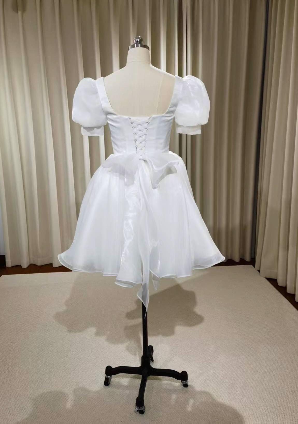 Fairy Short Sleeve Mini Wedding Reception Dress, Custom Courthouse Civil Elopement Dress, Rehearsal Dinner Bridal Shower Engagement Gown