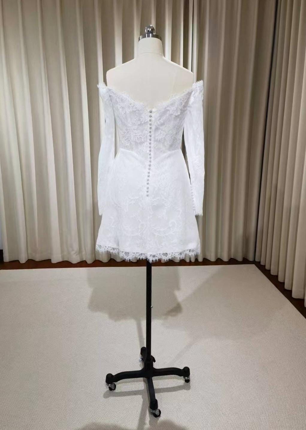 Long sleeve off shoulder basque waist lace short wedding dress, Rehearsal dinner mini dress, Custom Elopement Bridal shower Engagement dress