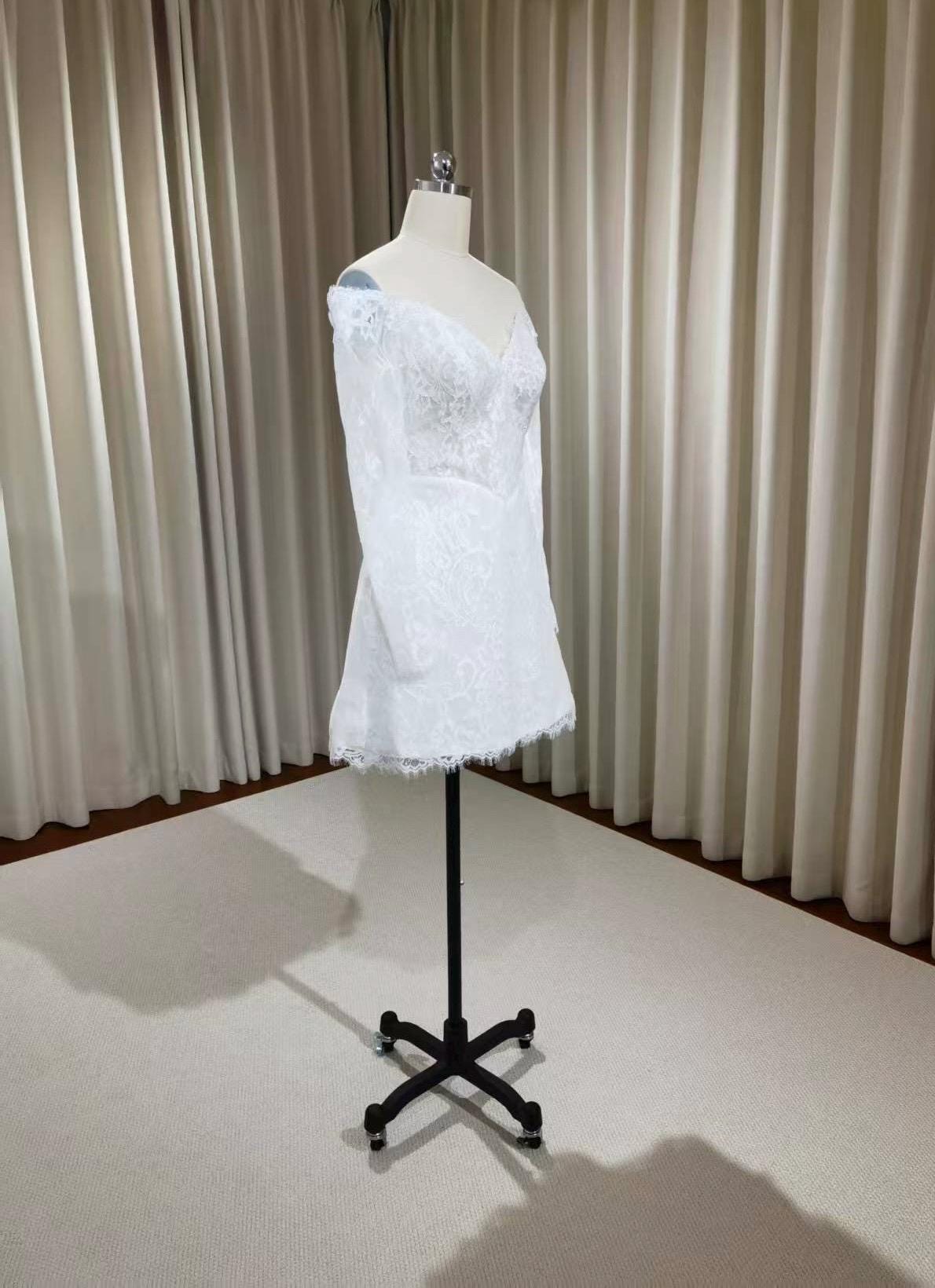 Long sleeve off shoulder basque waist lace short wedding dress, Rehearsal dinner mini dress, Custom Elopement Bridal shower Engagement dress