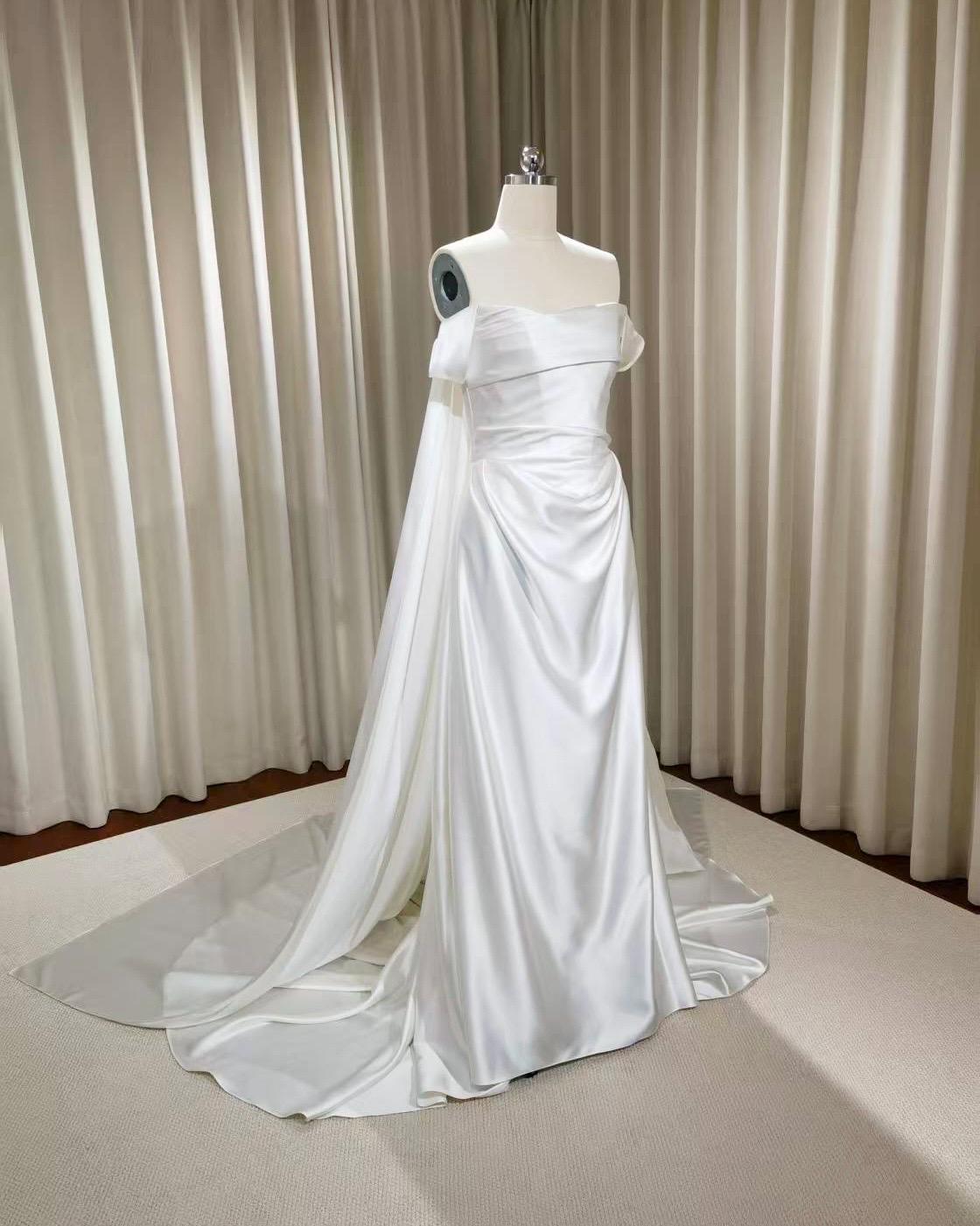 Minimalist Off Shoulder Satin Corset Wedding Dress w Cape, Custom Simple Elegant Bridal Gown Classic French Style, Courthouse Civil Wedding