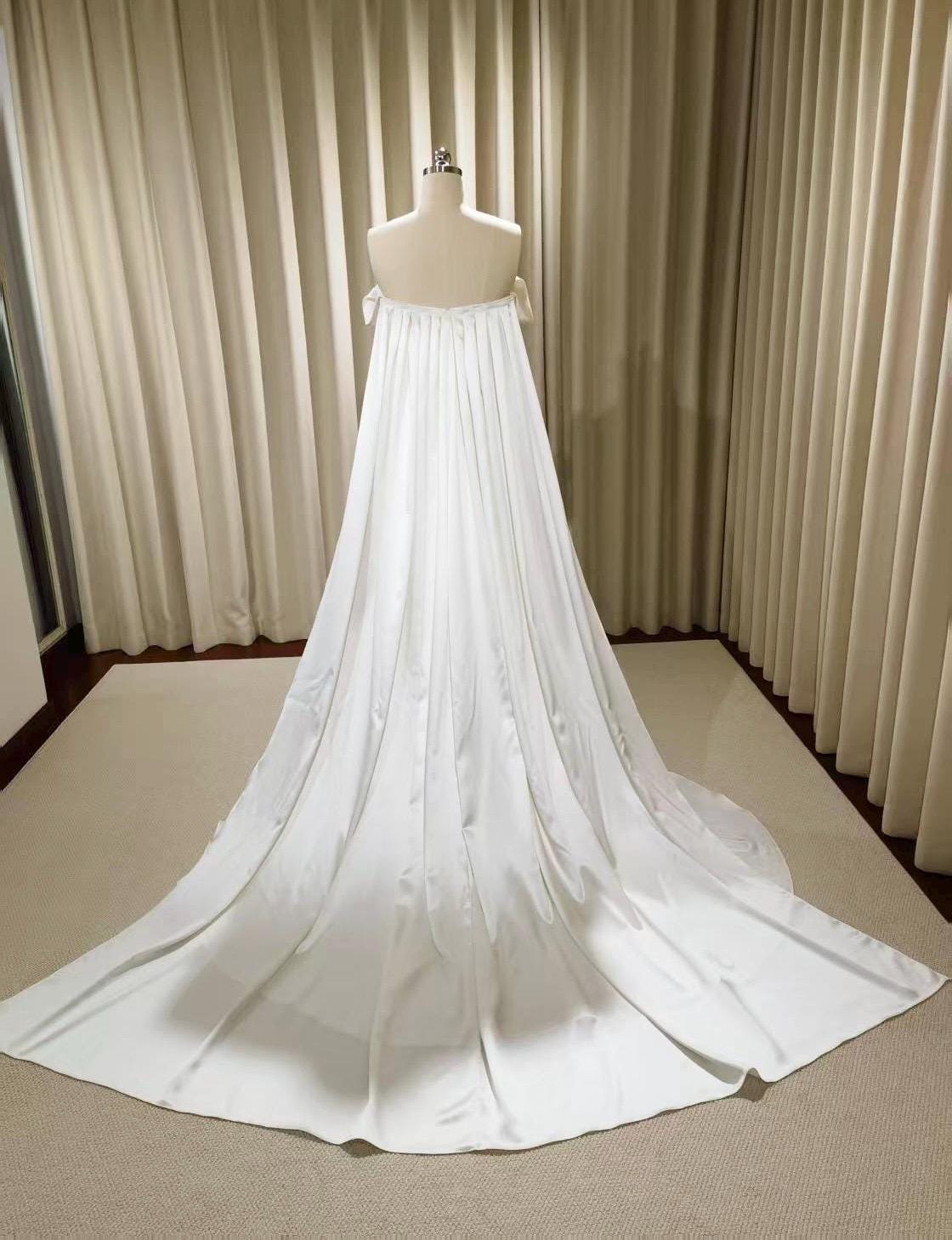 Minimalist Off Shoulder Satin Corset Wedding Dress w Cape, Custom Simple Elegant Bridal Gown Classic French Style, Courthouse Civil Wedding