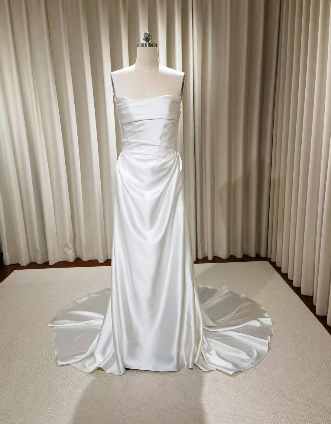 Minimalist Off Shoulder Satin Corset Wedding Dress w Cape, Custom Simple Elegant Bridal Gown Classic French Style, Courthouse Civil Wedding