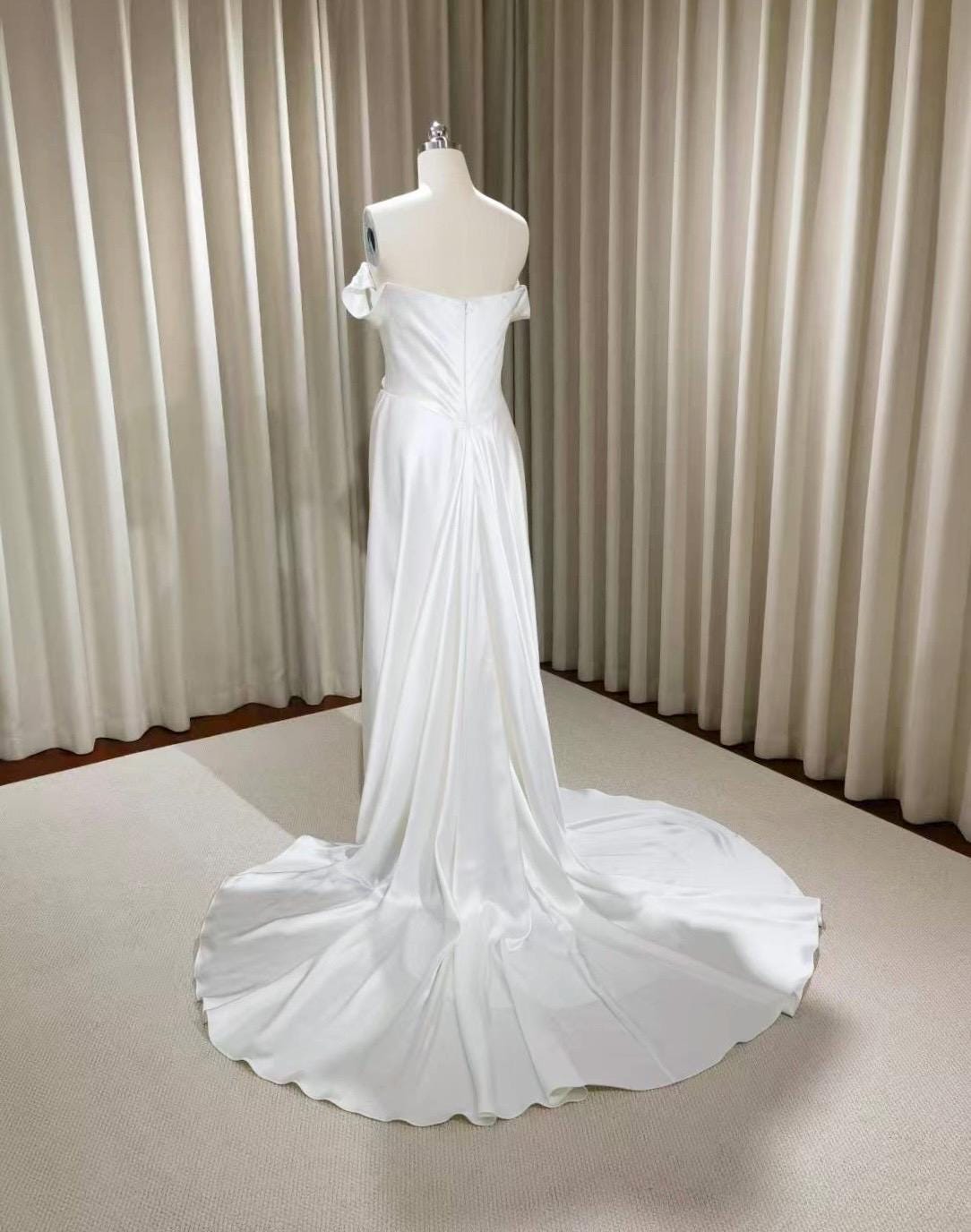 Minimalist Off Shoulder Satin Corset Wedding Dress w Cape, Custom Simple Elegant Bridal Gown Classic French Style, Courthouse Civil Wedding