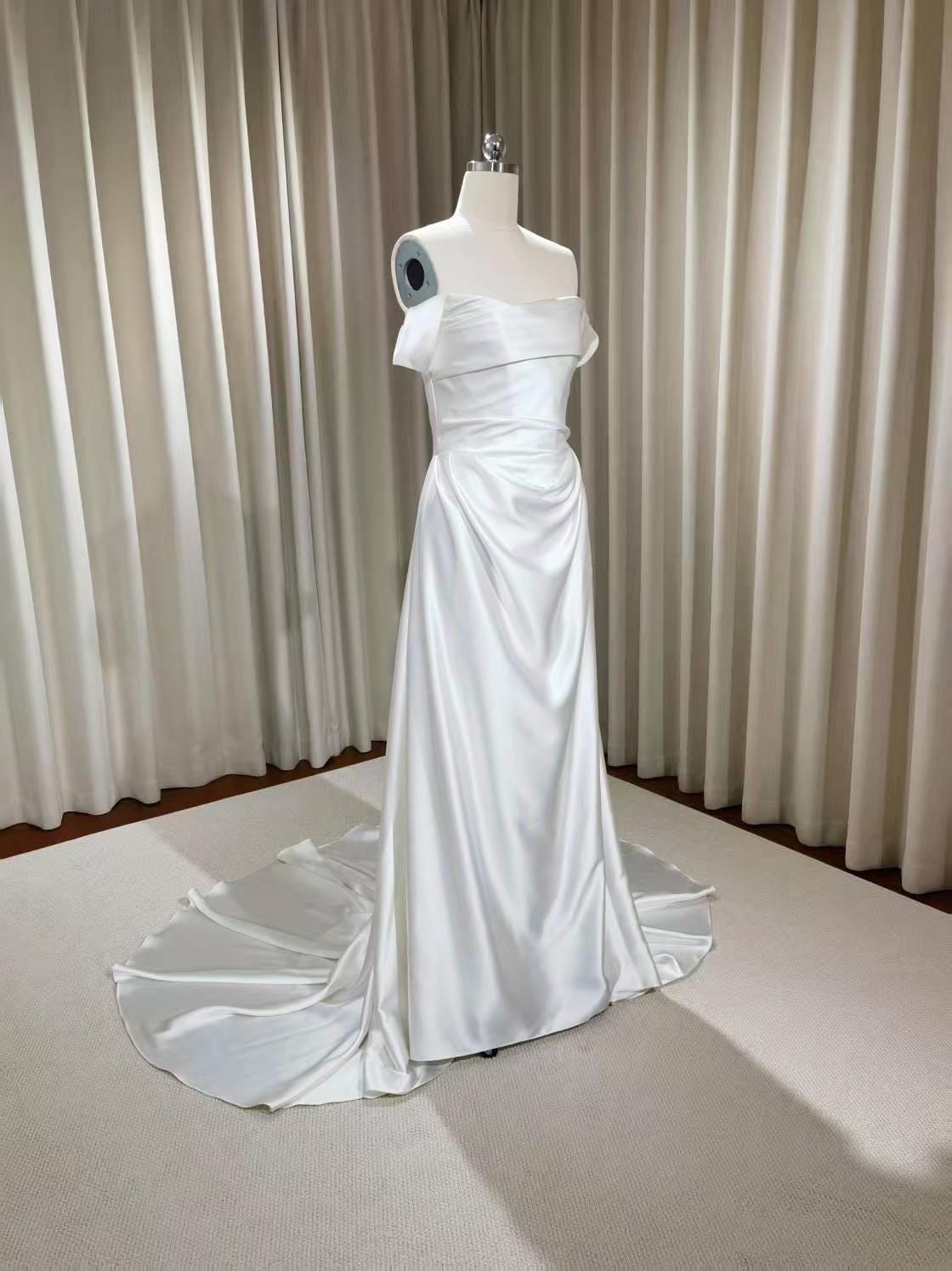 Minimalist Off Shoulder Satin Corset Wedding Dress w Cape, Custom Simple Elegant Bridal Gown Classic French Style, Courthouse Civil Wedding