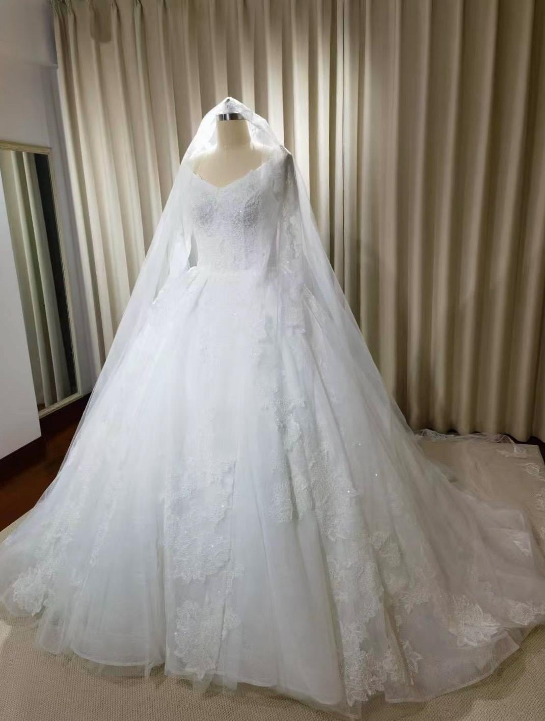 Long sleeve luxury French lace wedding dress, romantic princess ball gown, modest corset dress for bride, courthouse civil wedding gown