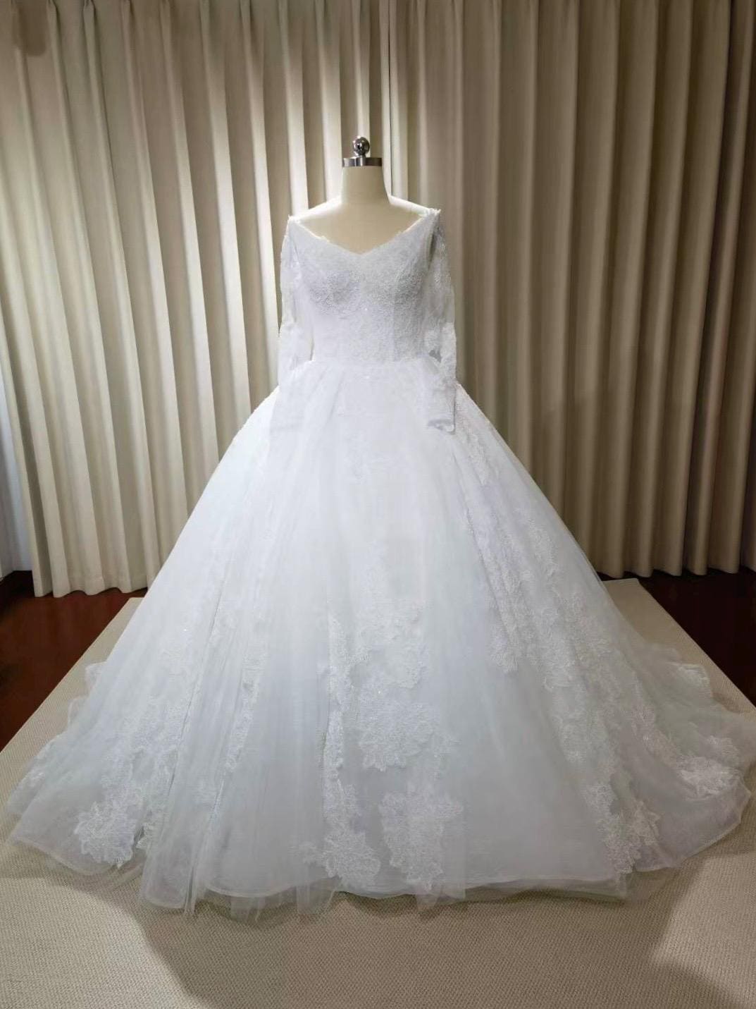 Long sleeve luxury French lace wedding dress, romantic princess ball gown, modest corset dress for bride, courthouse civil wedding gown