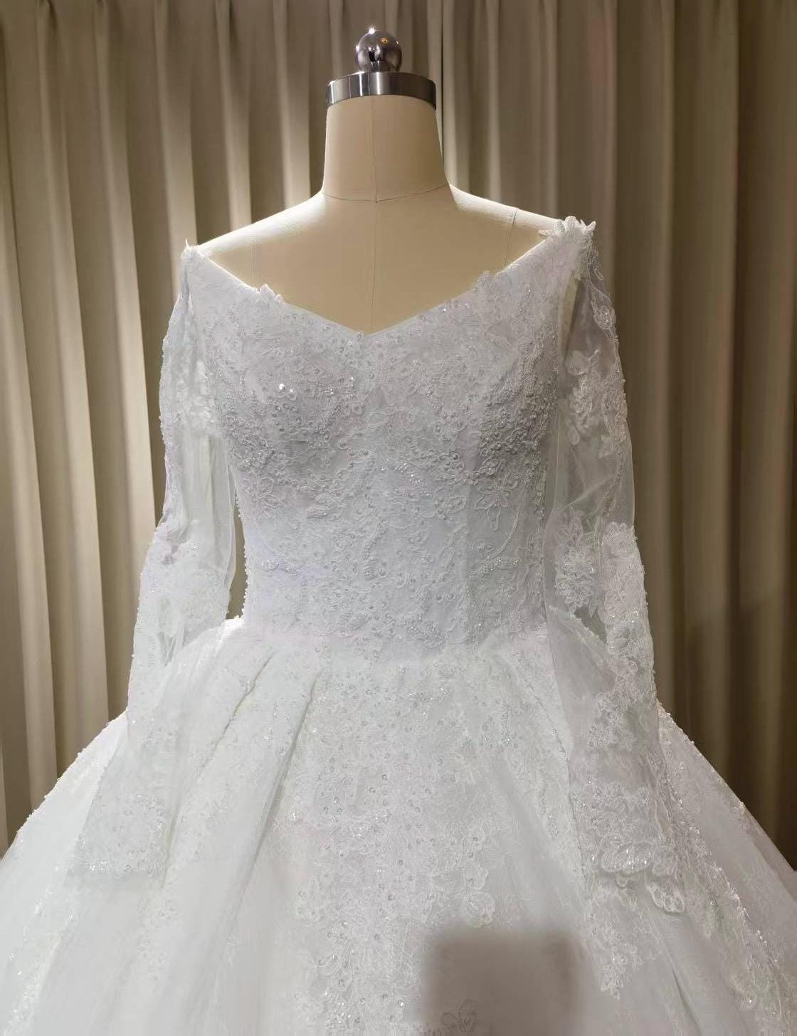 Long sleeve luxury French lace wedding dress, romantic princess ball gown, modest corset dress for bride, courthouse civil wedding gown