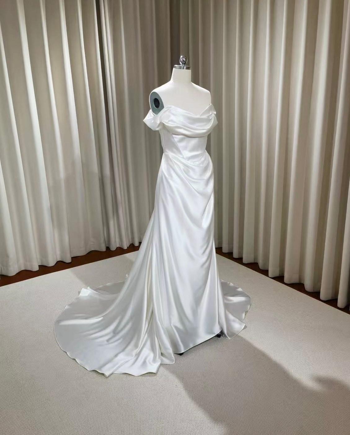 Minimalist Off Shoulder Satin Corset Wedding Bridal Dress, Custom Simple Modest Courthouse Civil Wedding Reception Elopement Gown