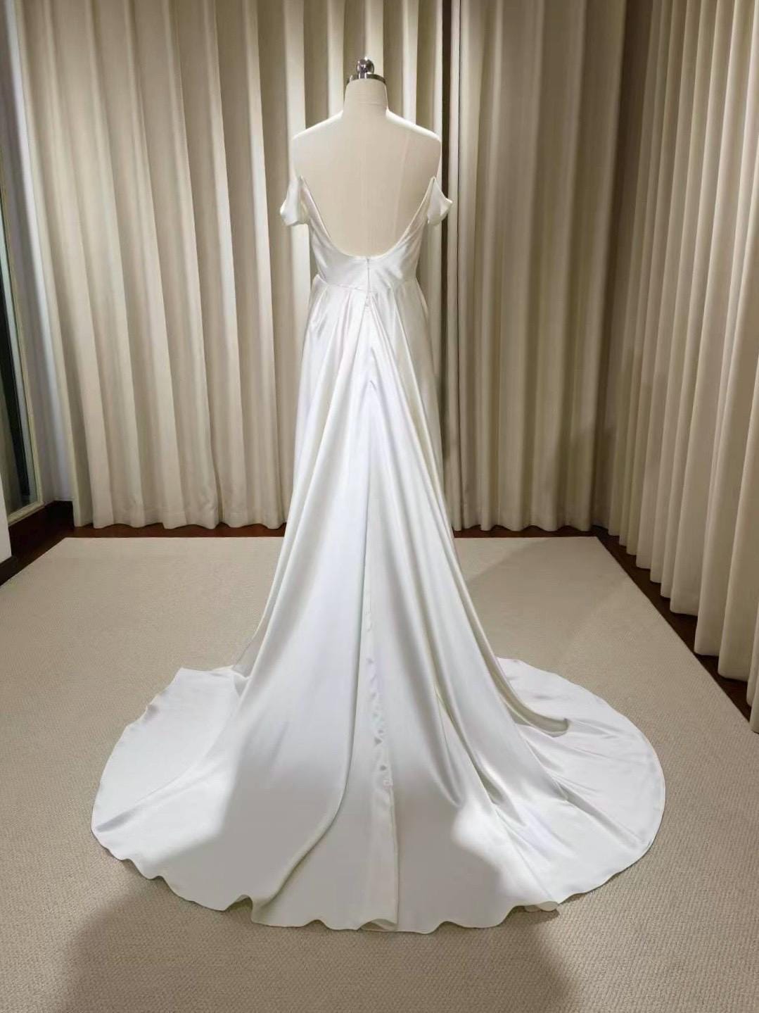Minimalist Off Shoulder Satin Corset Wedding Bridal Dress, Custom Simple Modest Courthouse Civil Wedding Reception Elopement Gown