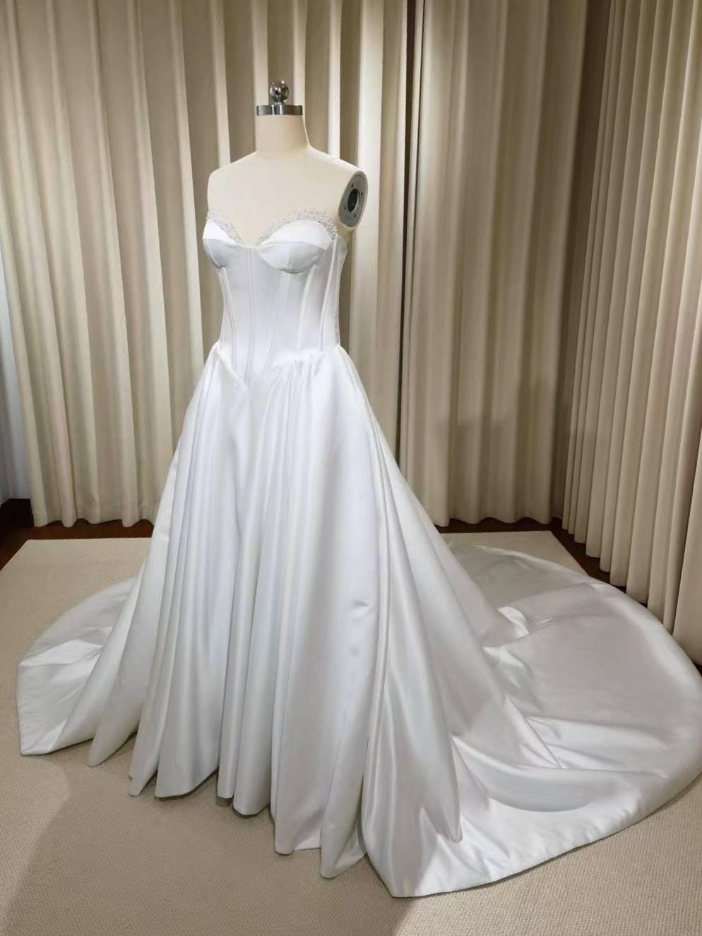 Minimalist drop waist satin corset wedding dress with pearls, custom simple & classic Ivory bridal ball gown