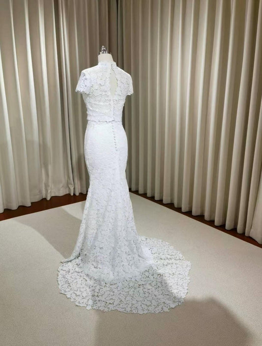 Two Piece Mock Neck Short Sleeve Lace Mermaid Wedding Dress, Unique Custom Reception Elopement Dress for Courthouse Civil Wedding