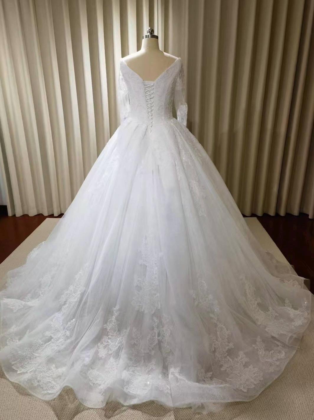 Long sleeve luxury French lace wedding dress, romantic princess ball gown, modest corset dress for bride, courthouse civil wedding gown